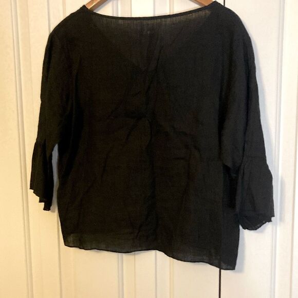 Three Dots 100% Linen Black Peplum Bell Sleeve Boxy Black Blouse Top Made USA - Picture 3 of 8